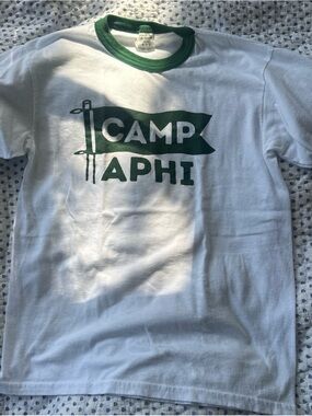 White Ringer Tee with Green Camp Alpha Phi